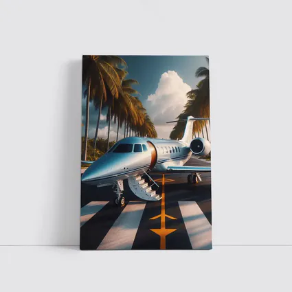 Private Jet Parked Tropical Runway Palm Trees