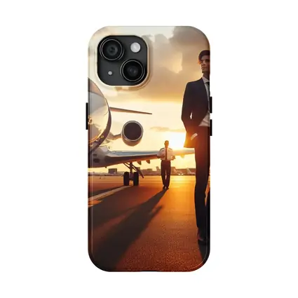 Businessman Walking Private Jet Sunset Tarmac
