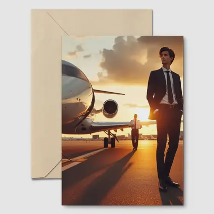 Businessman Walking Private Jet Sunset Tarmac