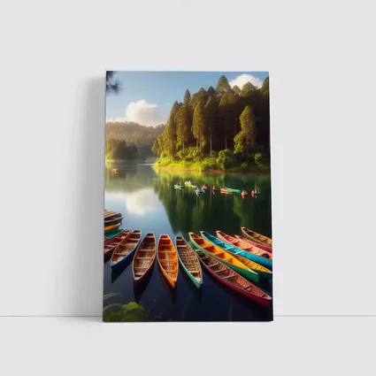 Colorful Wooden Boats on Calm Forest Lake