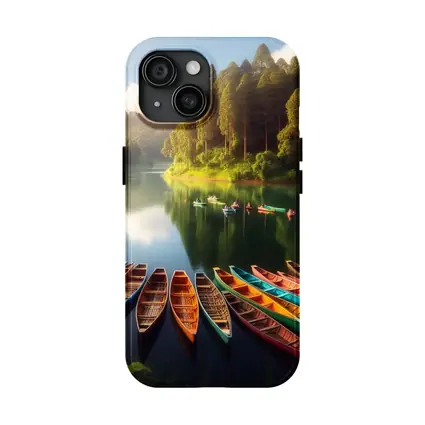 Colorful Wooden Boats on Calm Forest Lake