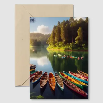 Colorful Wooden Boats on Calm Forest Lake