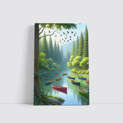 Colorful Canoes on Forested River Scene