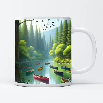 Colorful Canoes on Forested River Scene