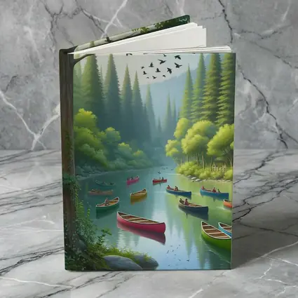 Colorful Canoes on Forested River Scene