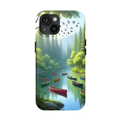 Colorful Canoes on Forested River Scene