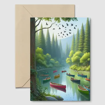 Colorful Canoes on Forested River Scene