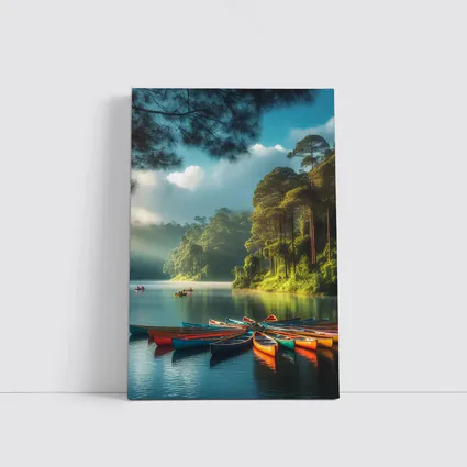 Colorful Canoes on Misty Forest Lake