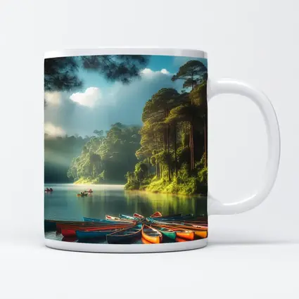 Colorful Canoes on Misty Forest Lake