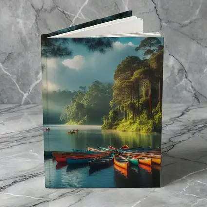 Colorful Canoes on Misty Forest Lake