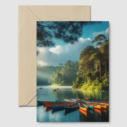 Colorful Canoes on Misty Forest Lake