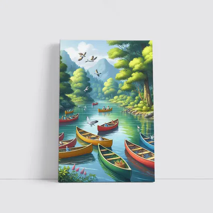 Colorful Canoes on Peaceful Forest River