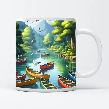 Colorful Canoes on Peaceful Forest River