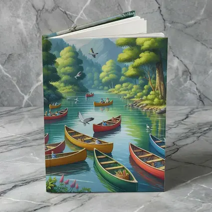 Colorful Canoes on Peaceful Forest River