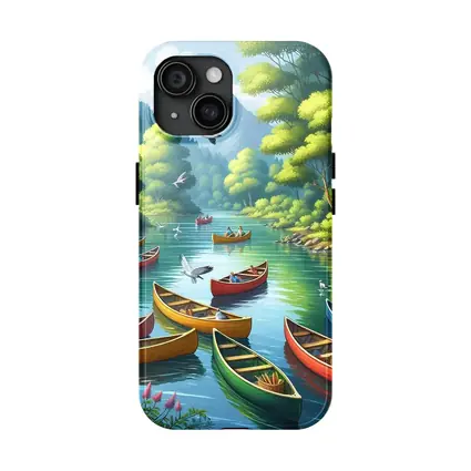 Colorful Canoes on Peaceful Forest River