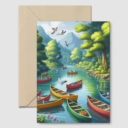 Colorful Canoes on Peaceful Forest River