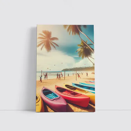 Beach Volleyball Colorful Kayaks Tropical Palm Trees