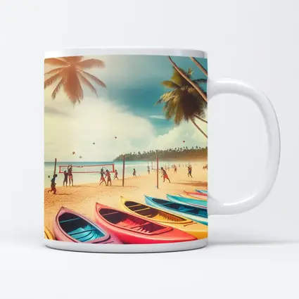 Beach Volleyball Colorful Kayaks Tropical Palm Trees