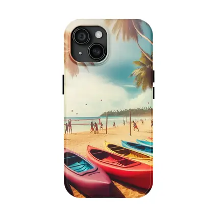 Beach Volleyball Colorful Kayaks Tropical Palm Trees