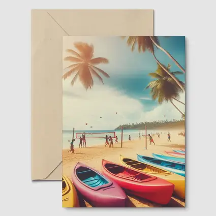 Beach Volleyball Colorful Kayaks Tropical Palm Trees