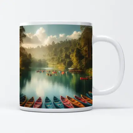 Colorful Canoes on Tranquil Forest Lake