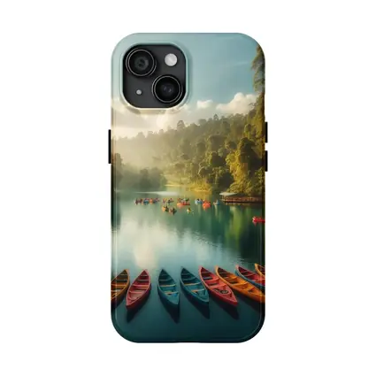 Colorful Canoes on Tranquil Forest Lake