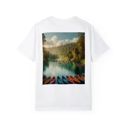 Colorful Canoes on Tranquil Forest Lake