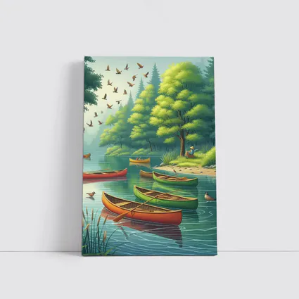 Colorful Canoes Floating on Calm Forest Lake