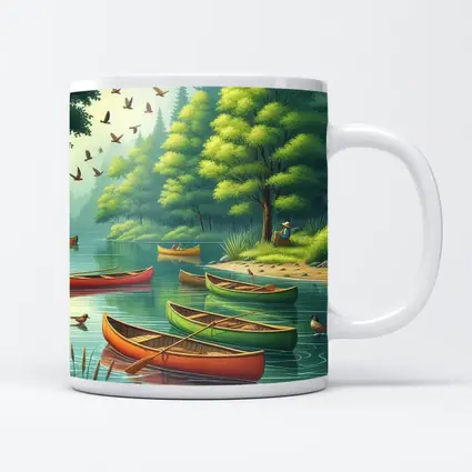 Colorful Canoes Floating on Calm Forest Lake