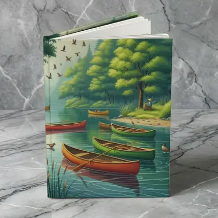Colorful Canoes Floating on Calm Forest Lake