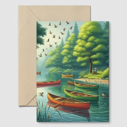Colorful Canoes Floating on Calm Forest Lake