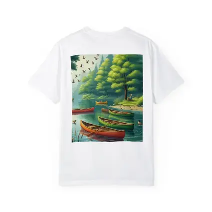 Colorful Canoes Floating on Calm Forest Lake