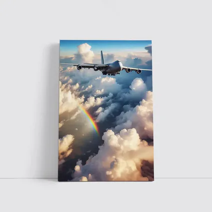 Commercial Airplane Flying Above Rainbow Clouds