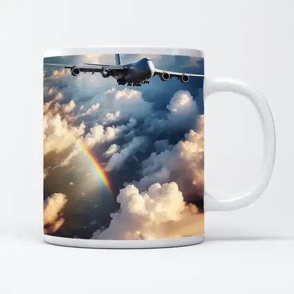 Commercial Airplane Flying Above Rainbow Clouds