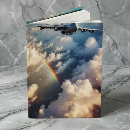 Commercial Airplane Flying Above Rainbow Clouds