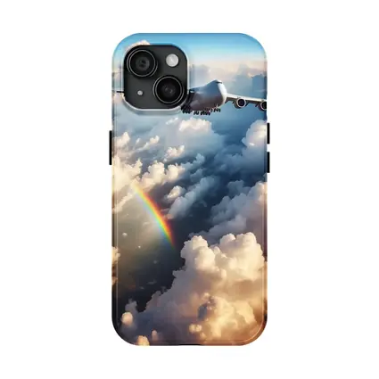 Commercial Airplane Flying Above Rainbow Clouds