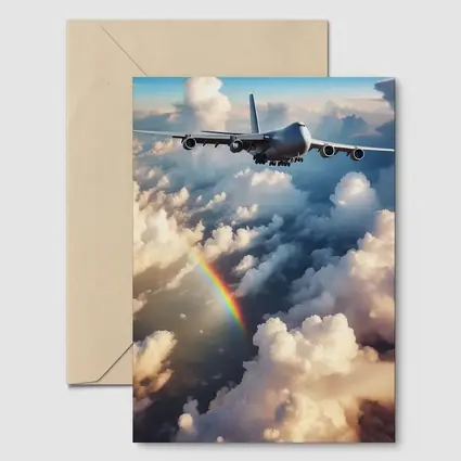 Commercial Airplane Flying Above Rainbow Clouds