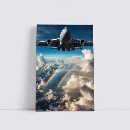 Large Airplane Flying Above Rainbow Clouds