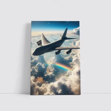 Large Airplane Flying Above Rainbow Clouds