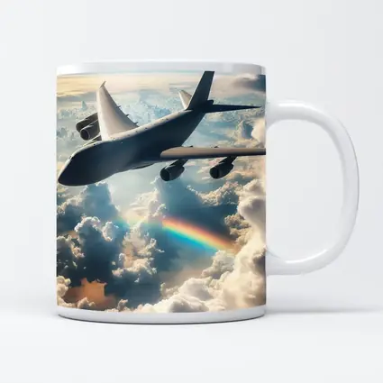 Large Airplane Flying Above Rainbow Clouds