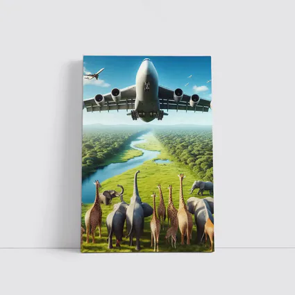 Airplane Flying Over Giraffes and Elephants Safari