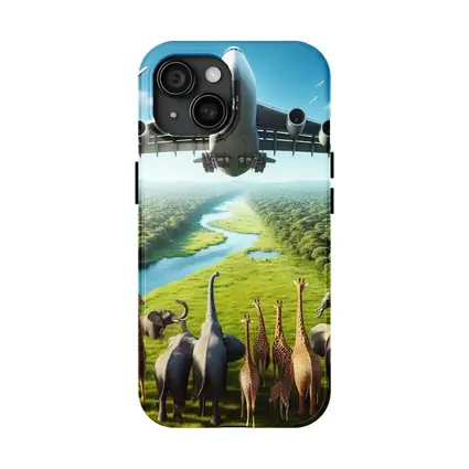 Airplane Flying Over Giraffes and Elephants Safari