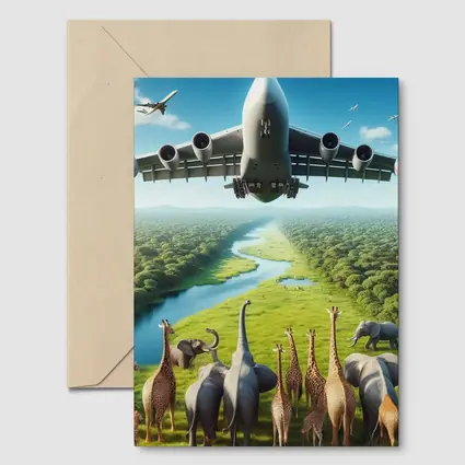 Airplane Flying Over Giraffes and Elephants Safari