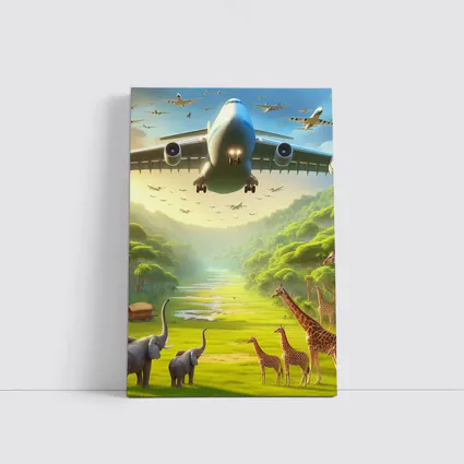 Airplane Flying Over Safari Wildlife Scene