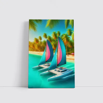 Catamarans Sailing Tropical Beach Palm Trees