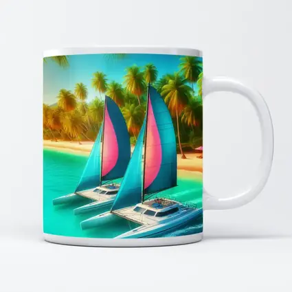 Catamarans Sailing Tropical Beach Palm Trees