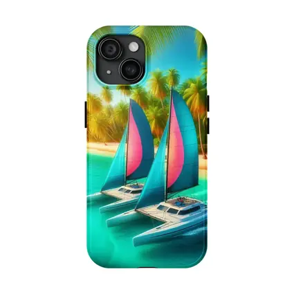 Catamarans Sailing Tropical Beach Palm Trees