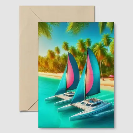 Catamarans Sailing Tropical Beach Palm Trees