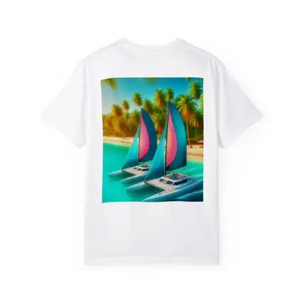 Catamarans Sailing Tropical Beach Palm Trees