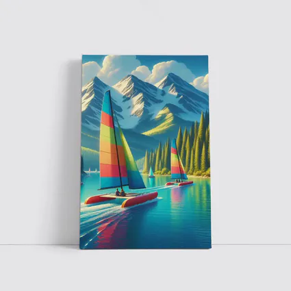 Colorful Catamarans Sailing Mountain Lake Scene